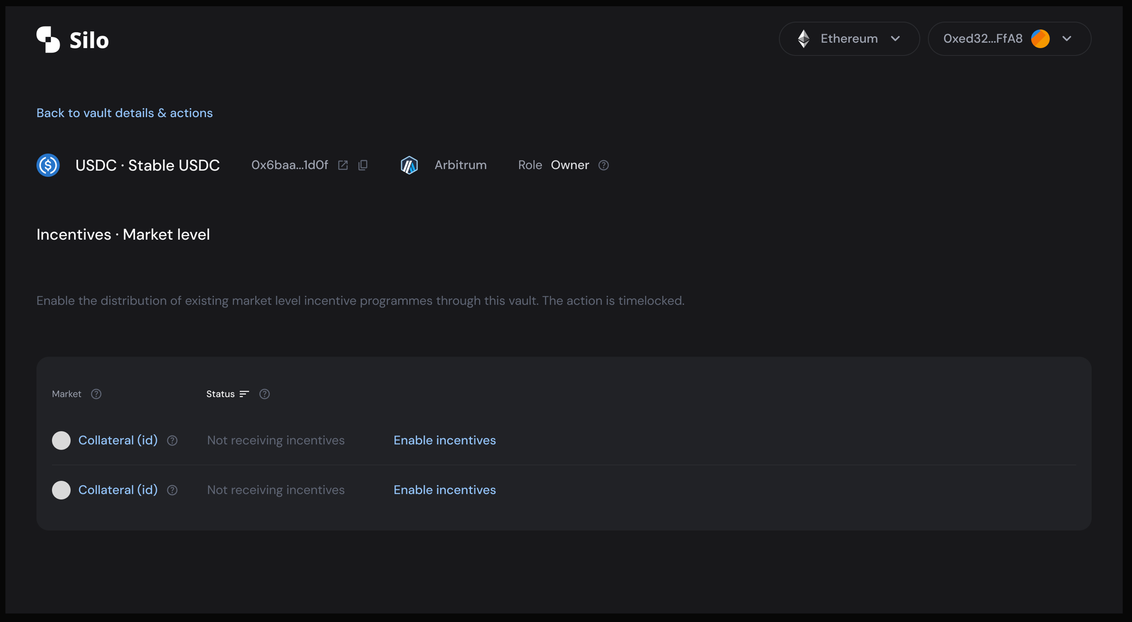 Incentives section in the vault interface