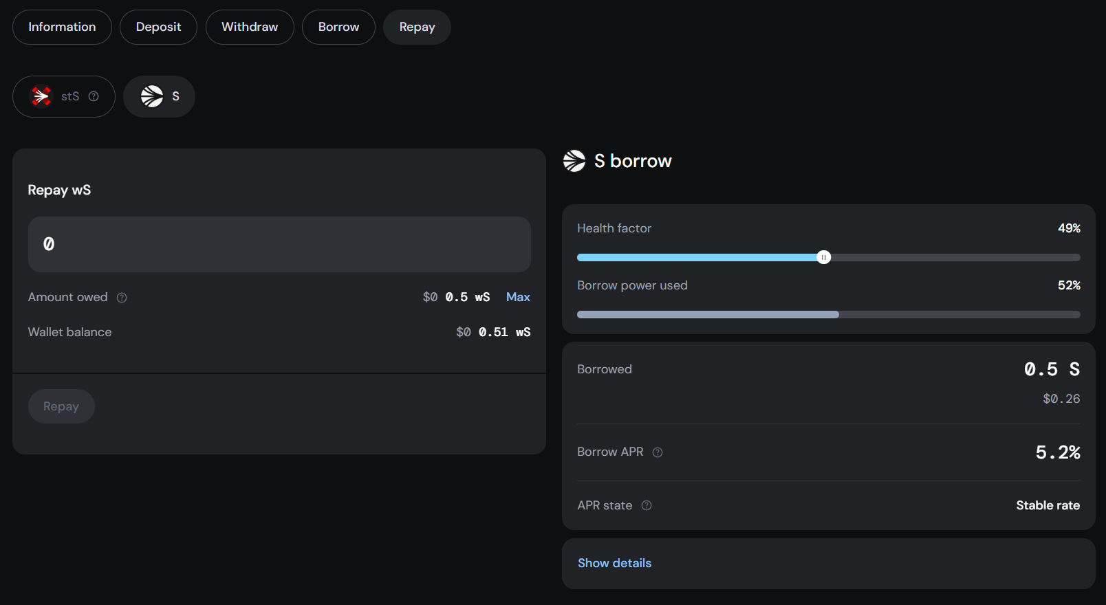 Enter amount for repayment screen