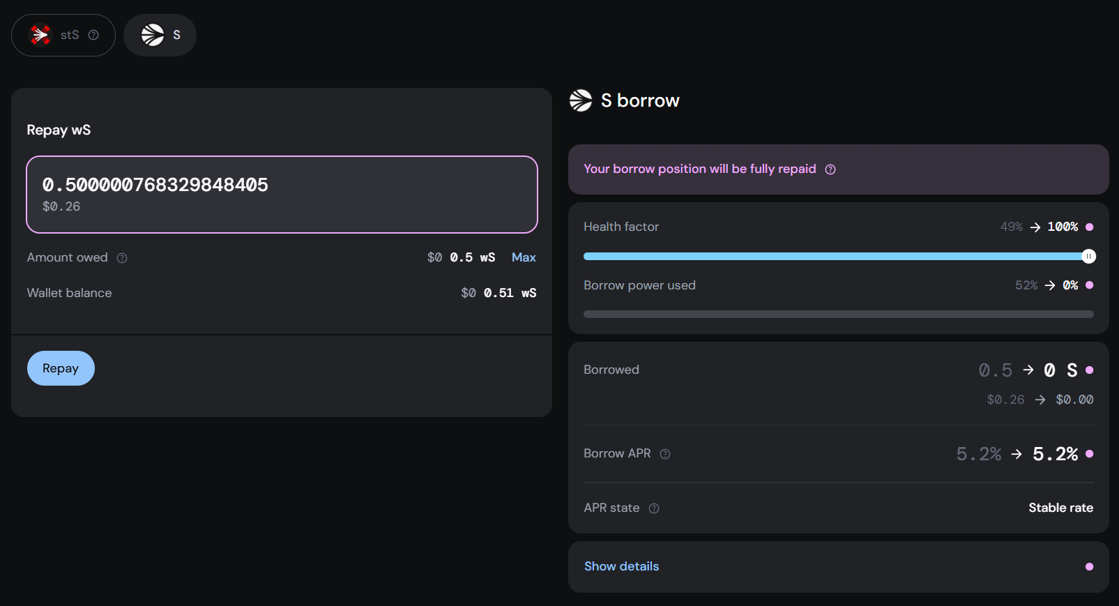 Repayment simulation screen